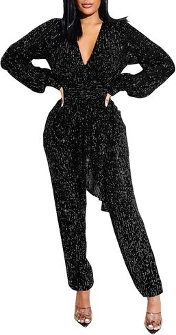 KnoInt Women Sparkly Dressy Jumpsuit Deep V Neck Long Sleeve Clubwear Plus Size Wide Leg Long Pants Rompers in Saudi Arabia