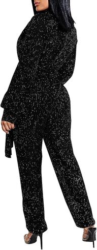 KnoInt Women Sparkly Dressy Jumpsuit Deep V Neck Long Sleeve Clubwear Plus Size Wide Leg Long Pants Rompers in Saudi Arabia