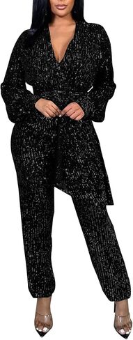 KnoInt Women Sparkly Dressy Jumpsuit Deep V Neck Long Sleeve Clubwear Plus Size Wide Leg Long Pants Rompers in Saudi Arabia