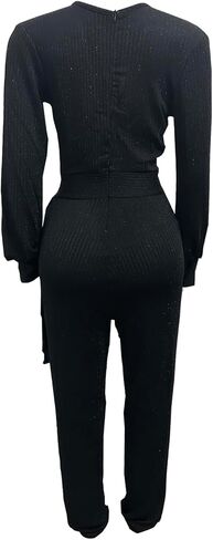 KnoInt Women Sparkly Dressy Jumpsuit Deep V Neck Long Sleeve Clubwear Plus Size Wide Leg Long Pants Rompers in Saudi Arabia