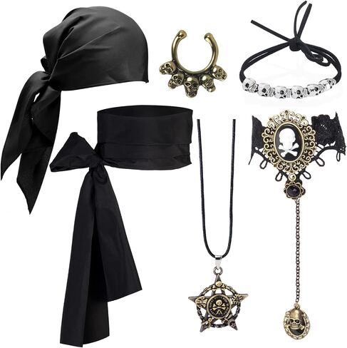 Keymall Pirate Costume Accessories 6 Pieces with Pirate Head Scarf Sash Bracelet Necklace Fake Nose Rings Pirate Hair Beads in Kuwait