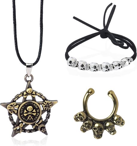 Keymall Pirate Costume Accessories 6 Pieces with Pirate Head Scarf Sash Bracelet Necklace Fake Nose Rings Pirate Hair Beads in Kuwait