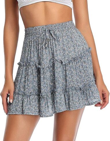 Arjungo Women's Floral Print High Waist with Drawstring Ruffle Flared Boho A Line Skater Mini Skirt in Saudi Arabia