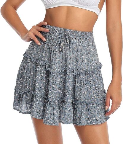 Arjungo Women's Floral Print High Waist with Drawstring Ruffle Flared Boho A Line Skater Mini Skirt in Saudi Arabia