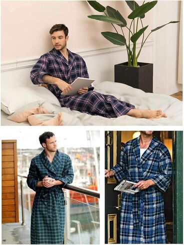 رداء SIORO للرجال من الفلانيل القطني المنقوش، رداء حمام ناعم بياقة شال للاسترخاء in Kuwait