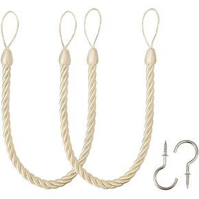 BEL AVENIR Curtain Ropes Tiebacks Tie-Backs, Curtain Handmade Holdbacks with 2 Metal Screw Hooks - White 2 Pack