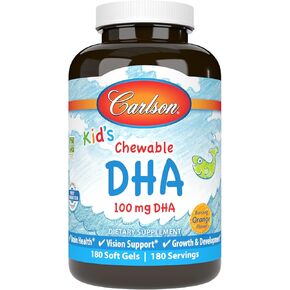 Carlson - Kid's Chewable DHA, 100 mg DHA, Brain Health, Vision Function, Growth & Development, Orange, 180 Chewable Softgels