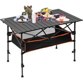 Night Cat Camping Table with Storage Basket Foldable Picnic Table for Outdoor Indoor Lightweight Rustless Adjustable Height 1.7-3ft BBQ Garden Backyard 75KG 37x22in