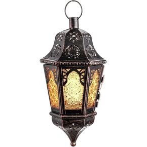 DECORKEY Lantern Decorative Indoor & Outdoor, 13.6’’ Vintage Decorative Hanging Lanterns with Chian for Home Porch Patio Decor, Metal Christmas Halloween Farmhouse Candle Holder Decorations (Amber)