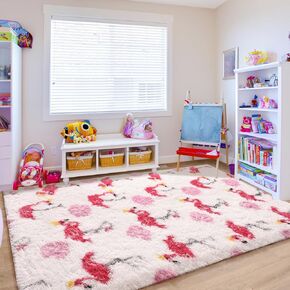 سجاد Keeko Premium Pink Flamingo Fluffy Area Rugs سجادة مطبوعة عالية الوبر، سجادة فلامنغو داخلية غامضة للفتيات من القطيفة لغرفة نوم الأطفال وديكور غرفة المعيشة، 4 × 6 أقدام وردي وأبيض