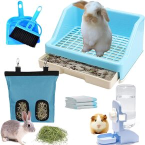 Calymmny Rabbit Litter Box with Drawer, Bunny Water Bottle and Hay Feeder Bag, 5-in-1 Small Pet Rabbit Cage Accessories, Bunny Toilet Potty with Cleaning Set for Rabbit Guinea Pig Chinchilla (White) in Saudi Arabia