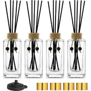 Reed Diffuser Bottle Set of 4 Glass Diffuser Bottles 5oz/155ml Clear Empty Essential Oil Diffuser Glass Bottles with Caps and Reeds Decorative Bottle Set Bulk Reusable Apothecary Perfume Jar Gift