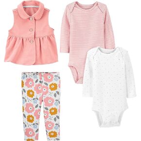 Simple Joys by Carter's Baby Girls' 4-Piece Bodysuit and Vest Set, Pack of 4, Pink/Stripe/White Dots/Floral, 12 Months in Saudi Arabia