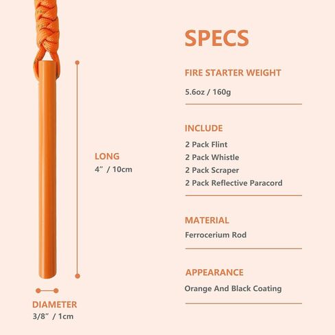 Fire Starter Survival Tool(2PCS), 4"(L) x 3/8"(Diameter) High Visibility Waterproof Ferro Rod Kit, 6-in-1 Multi-Tool Striker Fire Starter with Reflective Paracord and Whistle for Camping, Hiking in Saudi Arabia