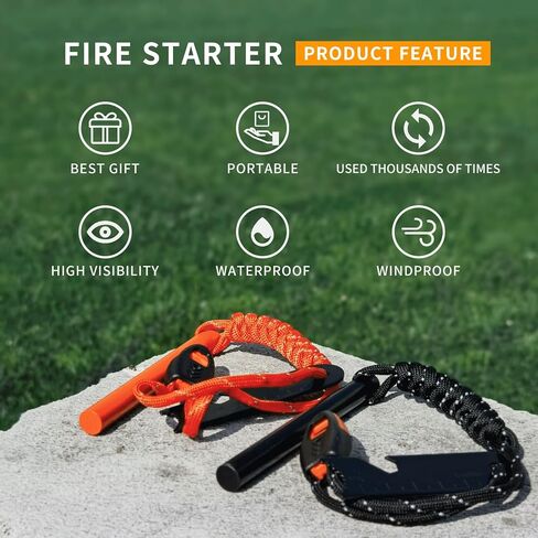 Fire Starter Survival Tool(2PCS), 4"(L) x 3/8"(Diameter) High Visibility Waterproof Ferro Rod Kit, 6-in-1 Multi-Tool Striker Fire Starter with Reflective Paracord and Whistle for Camping, Hiking in Saudi Arabia