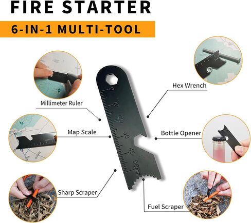 Fire Starter Survival Tool(2PCS), 4"(L) x 3/8"(Diameter) High Visibility Waterproof Ferro Rod Kit, 6-in-1 Multi-Tool Striker Fire Starter with Reflective Paracord and Whistle for Camping, Hiking in Saudi Arabia