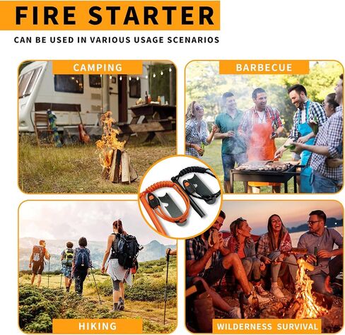 Fire Starter Survival Tool(2PCS), 4"(L) x 3/8"(Diameter) High Visibility Waterproof Ferro Rod Kit, 6-in-1 Multi-Tool Striker Fire Starter with Reflective Paracord and Whistle for Camping, Hiking in Saudi Arabia