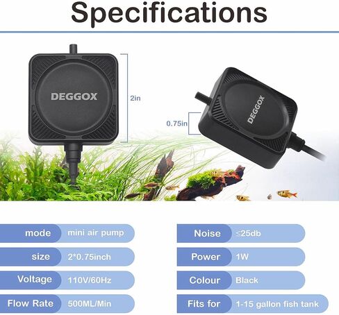 DEGGOX Mini Aquarium Air Pump for 1-15 Gallon Fish Tank 1 Watt Oxygen Small Aerator for Fish Tank Bubbler with Air Stones Silicone Tube Check Valves in Kuwait