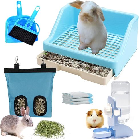 Calymmny Rabbit Litter Box with Drawer, Bunny Water Bottle and Hay Feeder Bag, 5-in-1 Small Pet Rabbit Cage Accessories, Bunny Toilet Potty with Cleaning Set for Rabbit Guinea Pig Chinchilla (White) in Saudi Arabia