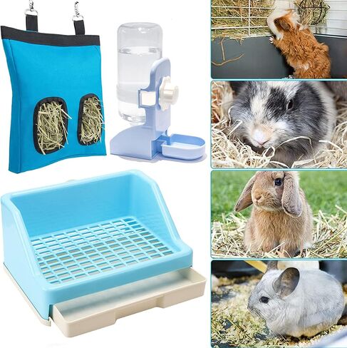 Calymmny Rabbit Litter Box with Drawer, Bunny Water Bottle and Hay Feeder Bag, 5-in-1 Small Pet Rabbit Cage Accessories, Bunny Toilet Potty with Cleaning Set for Rabbit Guinea Pig Chinchilla (White) in Saudi Arabia
