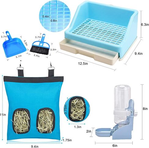Calymmny Rabbit Litter Box with Drawer, Bunny Water Bottle and Hay Feeder Bag, 5-in-1 Small Pet Rabbit Cage Accessories, Bunny Toilet Potty with Cleaning Set for Rabbit Guinea Pig Chinchilla (White) in Saudi Arabia