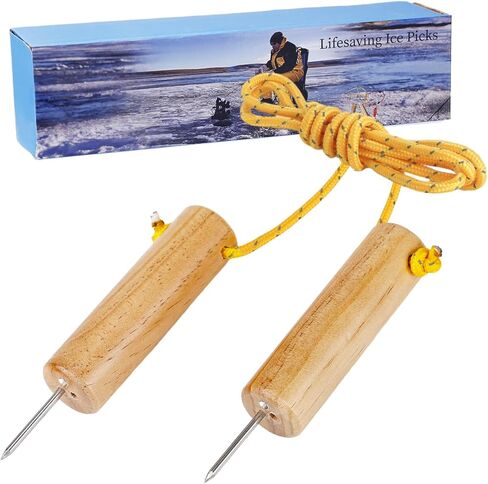 اختيار أمان لصيد الأسماك على الجليد، مقبض خشبي قابل للطفو وكسر الجليد مع حبل توصيل ممتد بطول 4.9 قدم وصفارة وخطاف، مسامير أمان من الفولاذ المقاوم للصدأ للتزلج والمشي في حالات الطوارئ in Kuwait