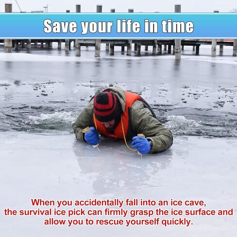 اختيار أمان لصيد الأسماك على الجليد، مقبض خشبي قابل للطفو وكسر الجليد مع حبل توصيل ممتد بطول 4.9 قدم وصفارة وخطاف، مسامير أمان من الفولاذ المقاوم للصدأ للتزلج والمشي في حالات الطوارئ in Kuwait