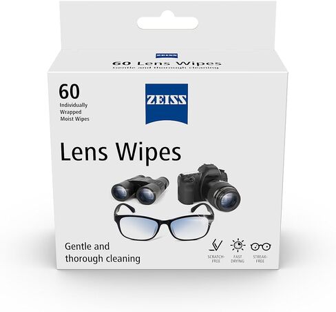 مناديل تنظيف عدسات ZEISS، مناديل مبللة مسبقًا، مغلفة بشكل فردي للزجاج المطلي على المناظير والنظارات والنظارات الشمسية وعدسات الكاميرا والمناظير، 60 قطعة in Saudi Arabia