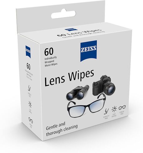 مناديل تنظيف عدسات ZEISS، مناديل مبللة مسبقًا، مغلفة بشكل فردي للزجاج المطلي على المناظير والنظارات والنظارات الشمسية وعدسات الكاميرا والمناظير، 60 قطعة in Saudi Arabia