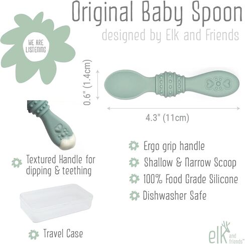 Elk and Friends Silicone Baby Spoons | Travel Case Included | First Stage Infant Toddler Spoon | Baby Led Weaning Stage | Dishwasher Safe in Saudi Arabia