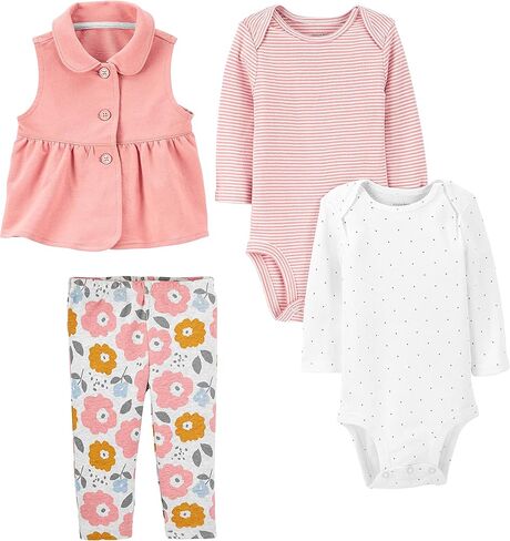 Simple Joys by Carter's Baby Girls' 4-Piece Bodysuit and Vest Set, Pack of 4, Pink/Stripe/White Dots/Floral, 12 Months in Saudi Arabia