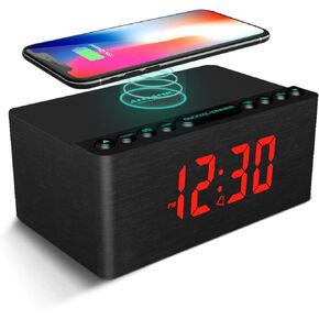 ANJANK Wooden Bluetooth Speaker Alarm Clock with Fm Radio, Wireless Charging Station for iPhone/Samsung, USB Charger Port, Dimmable Display, Sleep Timer, Digital Wood Clock for Bedroom, Bedside