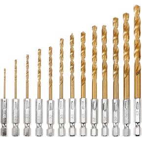 Wexecon 13Pcs Titanium Coated Twist Drill Bit Set with Hex Shank, 135 Degree Tip HSS Impact Drill Bit Set for Wood Metal Plastic DIY, Quick Change Design（1/16"-1/4"） in Kuwait