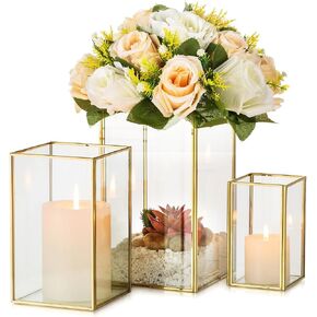 Hewory Glass Hurricane Candle Holder: Black Hurricane Candle Holders with Metal Frame Square Set of 3, Clear Candle Holder for Table Centerpiece Wedding Christmas Engagement Birthday Party Decorations