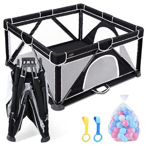 ANGELBLISS Baby Playpen, Foldable Playpen for Babies and Toddlers, Indoor & Outdoor Baby Activity Center with Visible Breathable Mesh, Portable Play Yard with 2 Handlers+50 Balls-50"×50"(Black)