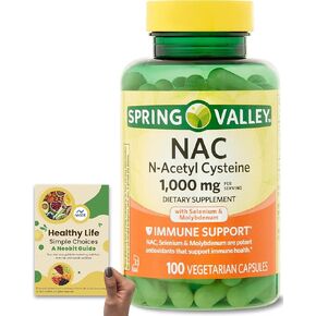 Spring Valley NAC (N-Acetyl Cysteine)، 600 مجم، 60 قطعة، مع السيلينيوم والموليبدينوم، كبسولات نباتية لدعم المناعة - حزمة مع دليل "حياة صحية، خيارات بسيطة" in Kuwait