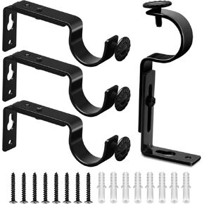Curtain Rod Bracket, Adjustable Curtain Rod Holders 1 Inch Black Heavy Duty Curtain Rod Hooks 6 Pack Curtain Rod Hardware Brackets Extender Drapery Pole Holder for Wall