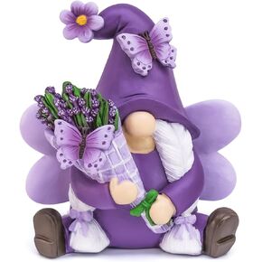 ديكور KnomeKo Lavender Gnomes، ديكورات حديقة Gnome من الراتنج الربيعي للمنزل في الداخل/الخارج، ديكورات الباستيل الأرجواني الربيعي الخزامى المزرعة فراشة Gnome