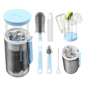 TechoEcho Travel Baby Bottle Brush Set with Extendable Liquid Silicone Bottle Brush，Nipple Brush，Built-in Bottle Drying Rack，Straw Cleaner Brush，Baby Bottle Soap Dispenser，Bottle Warmer (Yellow)