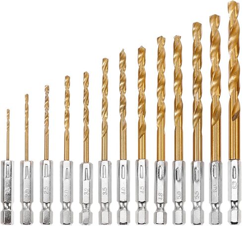Wexecon 13Pcs Titanium Coated Twist Drill Bit Set with Hex Shank, 135 Degree Tip HSS Impact Drill Bit Set for Wood Metal Plastic DIY, Quick Change Design（1/16"-1/4"） in Kuwait