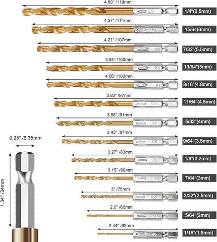 Wexecon 13Pcs Titanium Coated Twist Drill Bit Set with Hex Shank, 135 Degree Tip HSS Impact Drill Bit Set for Wood Metal Plastic DIY, Quick Change Design（1/16"-1/4"） in Kuwait