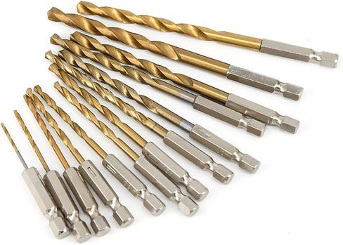 Wexecon 13Pcs Titanium Coated Twist Drill Bit Set with Hex Shank, 135 Degree Tip HSS Impact Drill Bit Set for Wood Metal Plastic DIY, Quick Change Design（1/16"-1/4"） in Kuwait