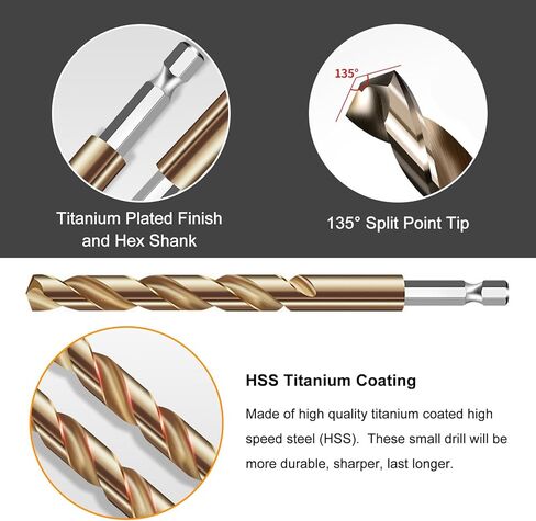 Wexecon 13Pcs Titanium Coated Twist Drill Bit Set with Hex Shank, 135 Degree Tip HSS Impact Drill Bit Set for Wood Metal Plastic DIY, Quick Change Design（1/16"-1/4"） in Kuwait