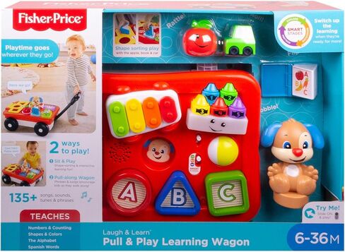 Fisher-Price Laugh & Learn Pull & Play Learning Wagon - German Edition, interactive toy wagon with shape blocks and learning content for baby and toddlers in Saudi Arabia