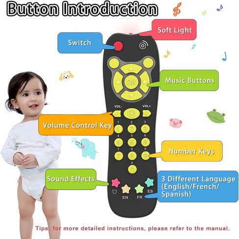Baby Remote Toy, Toddlers TV Remote Control Toy Kids Realistic Play Remote Early Educational Baby Musical Toys with Light and Sound English French Spanish for Proshool Boys Girls 6 Month+, Gray in Kuwait
