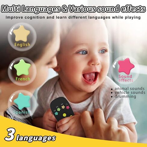 Baby Remote Toy, Toddlers TV Remote Control Toy Kids Realistic Play Remote Early Educational Baby Musical Toys with Light and Sound English French Spanish for Proshool Boys Girls 6 Month+, Gray in Kuwait