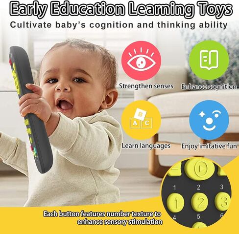 Baby Remote Toy, Toddlers TV Remote Control Toy Kids Realistic Play Remote Early Educational Baby Musical Toys with Light and Sound English French Spanish for Proshool Boys Girls 6 Month+, Gray in Kuwait