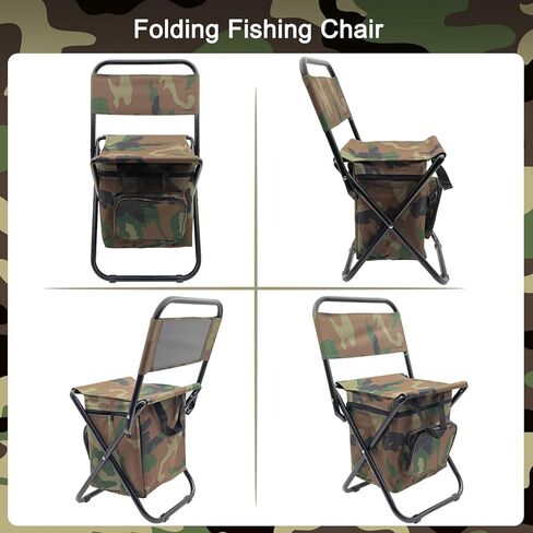 كرسي صيد مموه قابل للطي من WBJKZJD مع حقيبة تبريد، كرسي صيد خفيف الوزن، مقعد قابل للطي مع مسند ظهر للتخييم، وصيد الأسماك، والمشي لمسافات طويلة، والرسم في الهواء الطلق in Kuwait