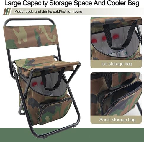 كرسي صيد مموه قابل للطي من WBJKZJD مع حقيبة تبريد، كرسي صيد خفيف الوزن، مقعد قابل للطي مع مسند ظهر للتخييم، وصيد الأسماك، والمشي لمسافات طويلة، والرسم في الهواء الطلق in Kuwait