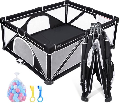 ANGELBLISS Baby Playpen, Foldable Playpen for Babies and Toddlers, Indoor & Outdoor Baby Activity Center with Visible Breathable Mesh, Portable Play Yard with 2 Handlers+50 Balls-50"×50"(Black) in Kuwait
